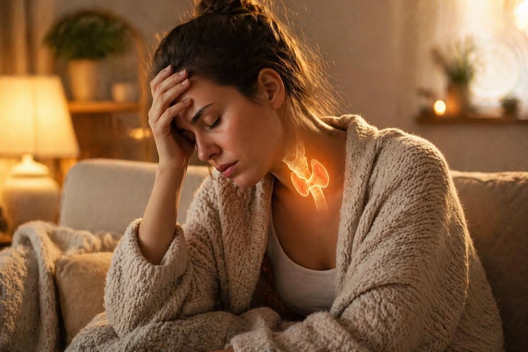 zmęczona kobieta z podswietloną tarczycą